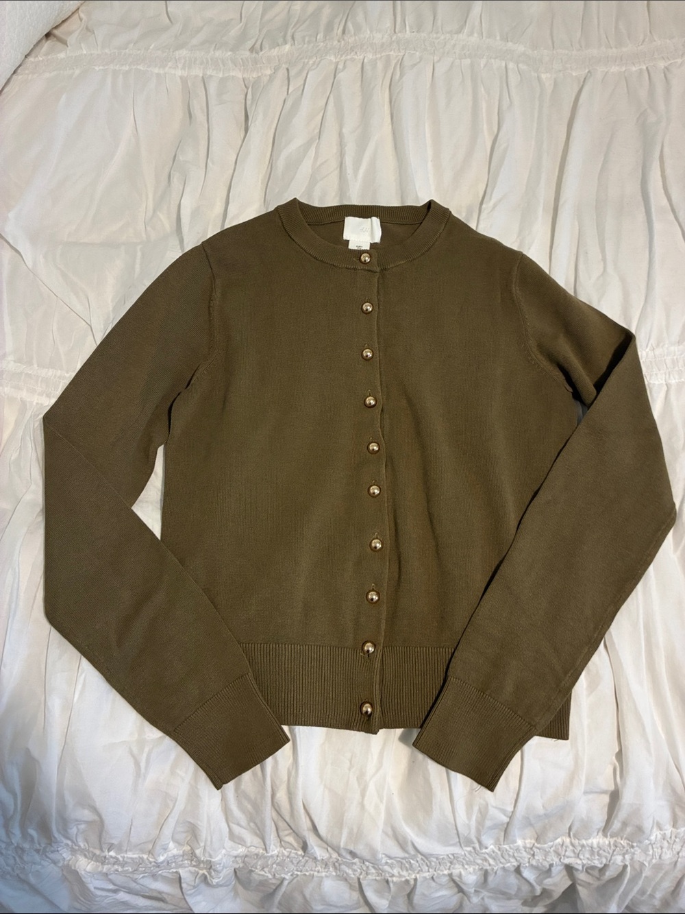 H&M Olive Button-Front Crewneck Cardigan